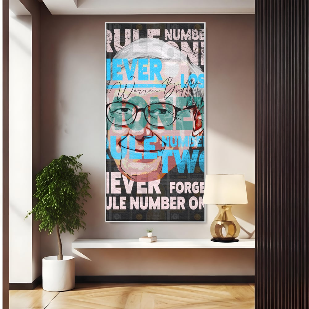 Tablou canvas cu tablou canvas cu portretul stilizat al lui warren buffett, in rama de aluminiu argintiu